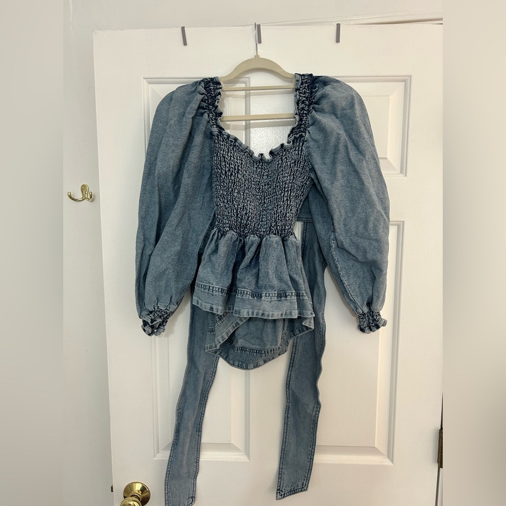Something Navy Denim Smocked Top